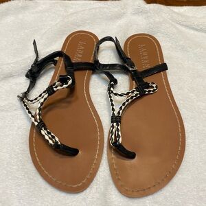 Lauren Ralph Lauren thong sandals, black and white braid design, pre-owned